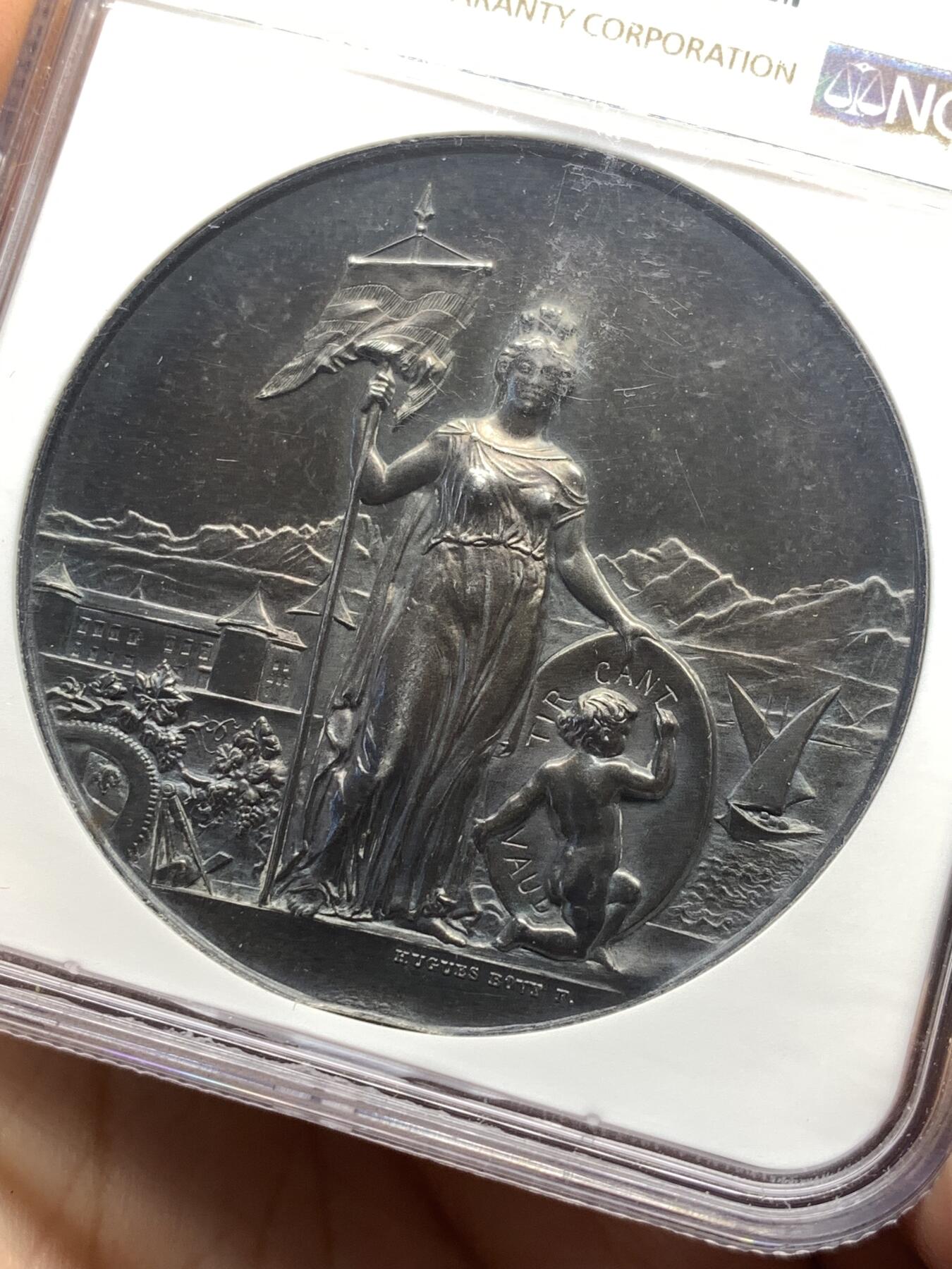 《竞宝斋》第482场 周日，周一 2场连拍 （全场包邮）20级店铺 欢迎送拍 NGC MS63 瑞士1891年莫尔日射击节大银章，少见品种。 45mm，38.65克。华丽的深彩包浆，非常漂亮，非常难得。