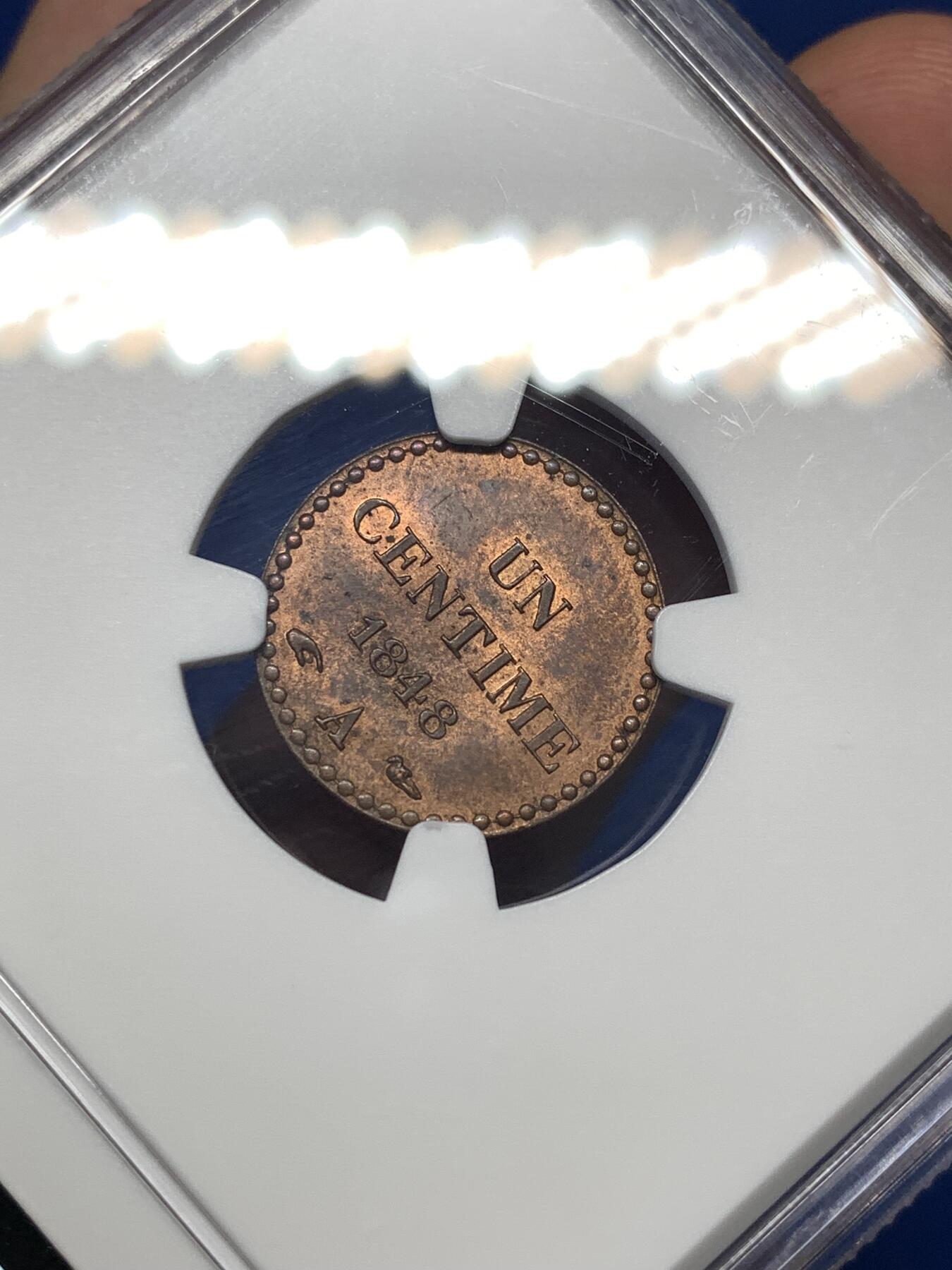 《竞宝斋》第482场 周日，周一 2场连拍 （全场包邮）20级店铺 欢迎送拍 NGC MS63RB 法国 1848A 1分铜币