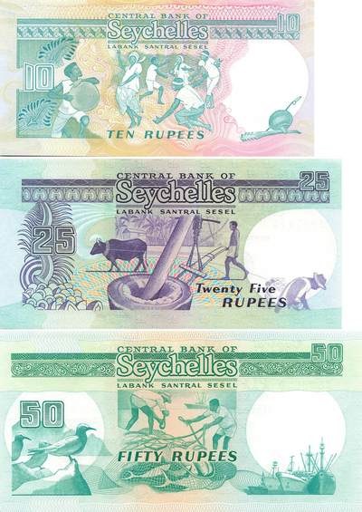 小福收藏拍卖第205期 裸钞场 本期有多张豹子号靓号  大量民国钞 百慕大样钞洋葱冠全套  阿富汗首年份查希尔国王和独立纪念碑 仅发行1000枚亚克力砖封蒙古20000图格里克帝国800周年纪念钞 卢旺达 东加勒比 斯里兰卡等多国精美纸币 塞舌尔 1989年 10 25 50卢比 （2张无47其中10面值是倒置靓号999908） 1组3张 unc