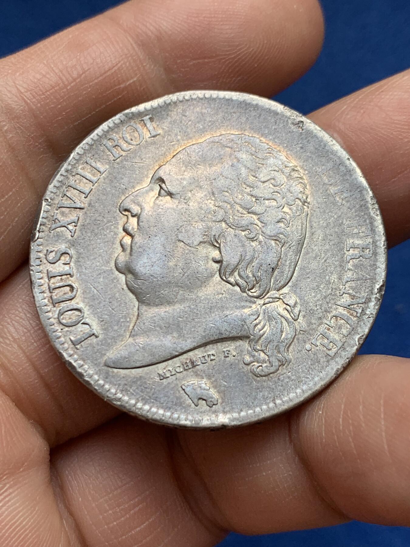 《竞宝斋》第482场 周日，周一 2场连拍 （全场包邮）20级店铺 欢迎送拍 法国1824年路易十八5法郎银币，路易十八在位最后一年，少见版本。