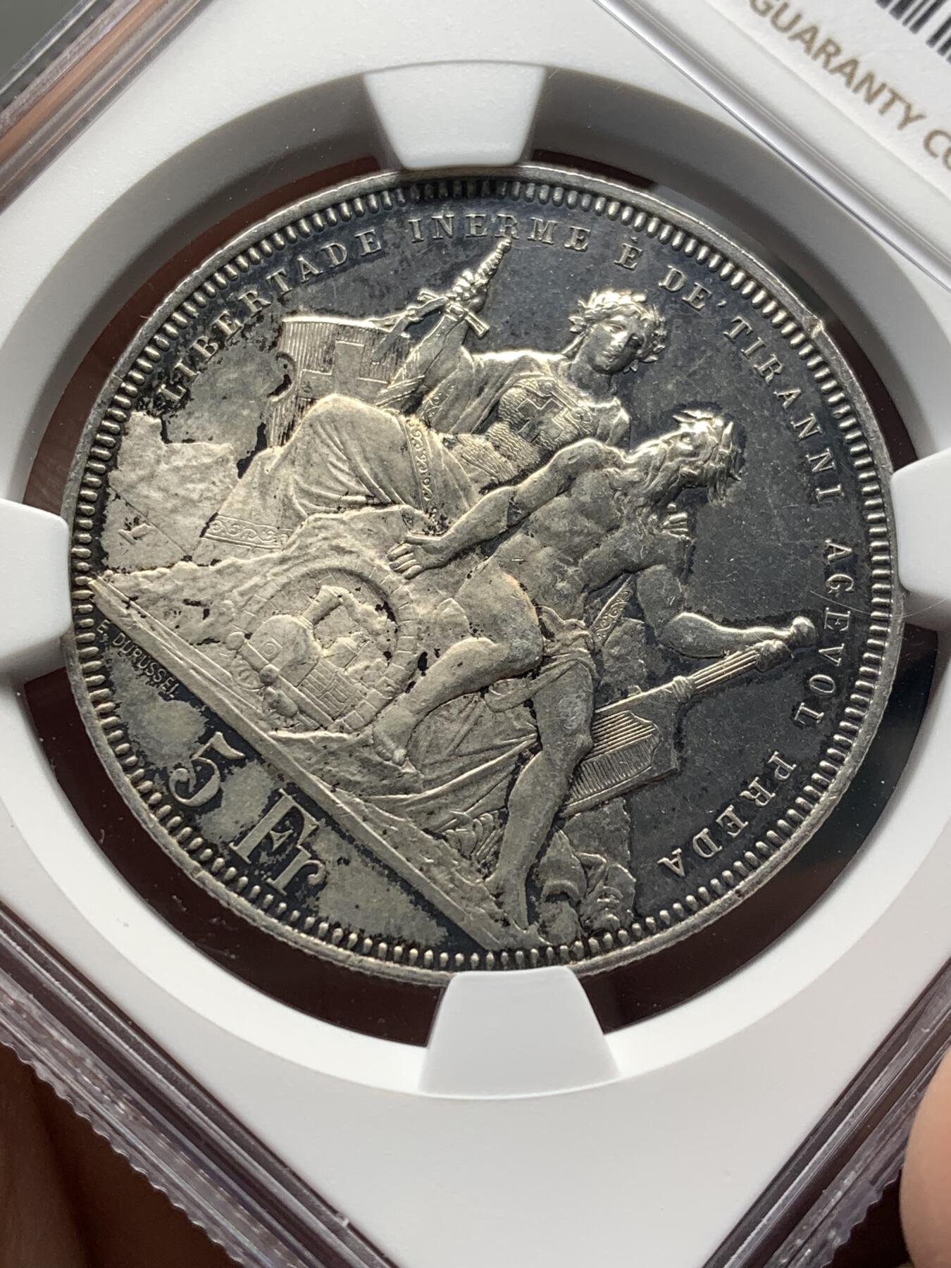 《竞宝斋》第482场 周日，周一 2场连拍 （全场包邮）20级店铺 欢迎送拍 NGC UNCD 瑞士1883年卢加诺射击节5法郎银币 好品