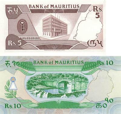 小福收藏拍卖第205期 裸钞场 本期有多张豹子号靓号  大量民国钞 百慕大样钞洋葱冠全套  阿富汗首年份查希尔国王和独立纪念碑 仅发行1000枚亚克力砖封蒙古20000图格里克帝国800周年纪念钞 卢旺达 东加勒比 斯里兰卡等多国精美纸币 毛里求斯1985年5卢比 数3无47 +10卢比 A首冠 1组2张 unc