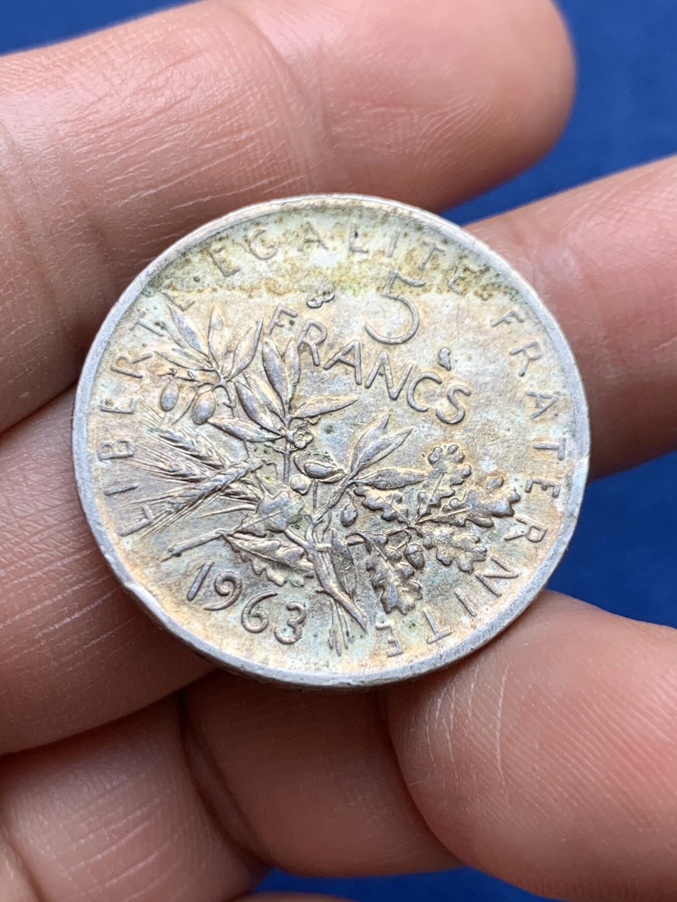 《竞宝斋》第482场 周日，周一 2场连拍 （全场包邮）20级店铺 欢迎送拍 法国1963年播种女神5法郎银币，12克，835银