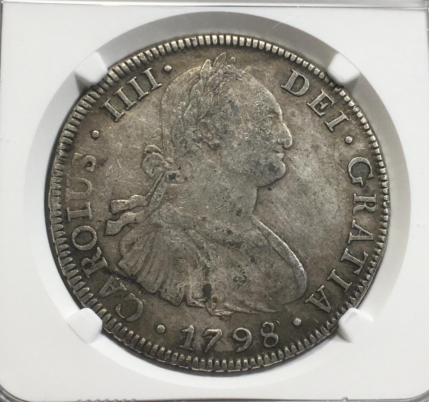 世界钱币专场拍卖 每周二开拍 NGC XFD西属玻利维亚1798年卡洛斯四世双柱8瑞尔银币