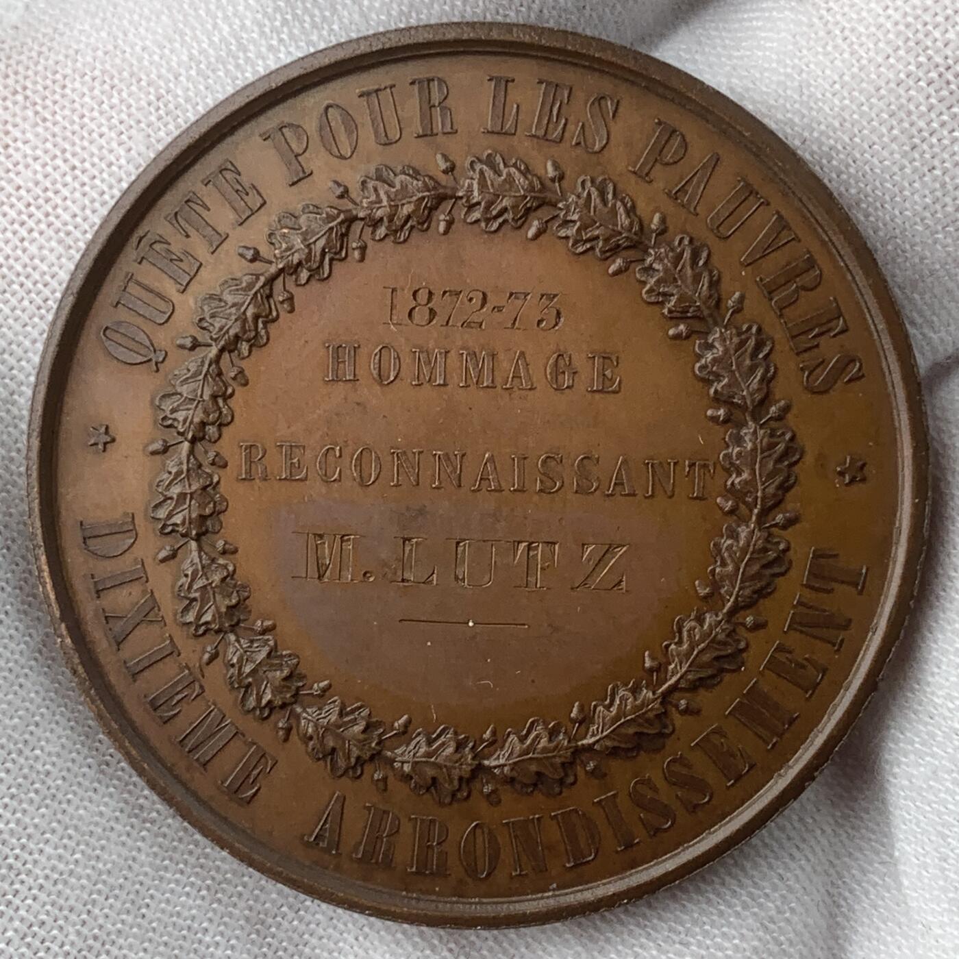 掌中浮雕-藏着的欧洲第059场 1872-73年法国巴黎救助贫困群体纪念铜章，41mm，蜜蜂边铭