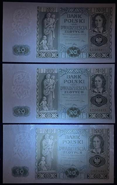 小福收藏拍卖第205期 裸钞场 本期有多张豹子号靓号  大量民国钞 百慕大样钞洋葱冠全套  阿富汗首年份查希尔国王和独立纪念碑 仅发行1000枚亚克力砖封蒙古20000图格里克帝国800周年纪念钞 卢旺达 东加勒比 斯里兰卡等多国精美纸币 波兰 1936年 20兹罗提 （有2张3对子号） 1组3张 aunc