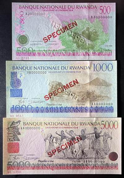 小福收藏拍卖第205期 裸钞场 本期有多张豹子号靓号  大量民国钞 百慕大样钞洋葱冠全套  阿富汗首年份查希尔国王和独立纪念碑 仅发行1000枚亚克力砖封蒙古20000图格里克帝国800周年纪念钞 卢旺达 东加勒比 斯里兰卡等多国精美纸币 卢旺达 1998年 500 1000 5000法郎 样钞 AA冠  （1张尾顺子 1张尾8）1组3张 unc