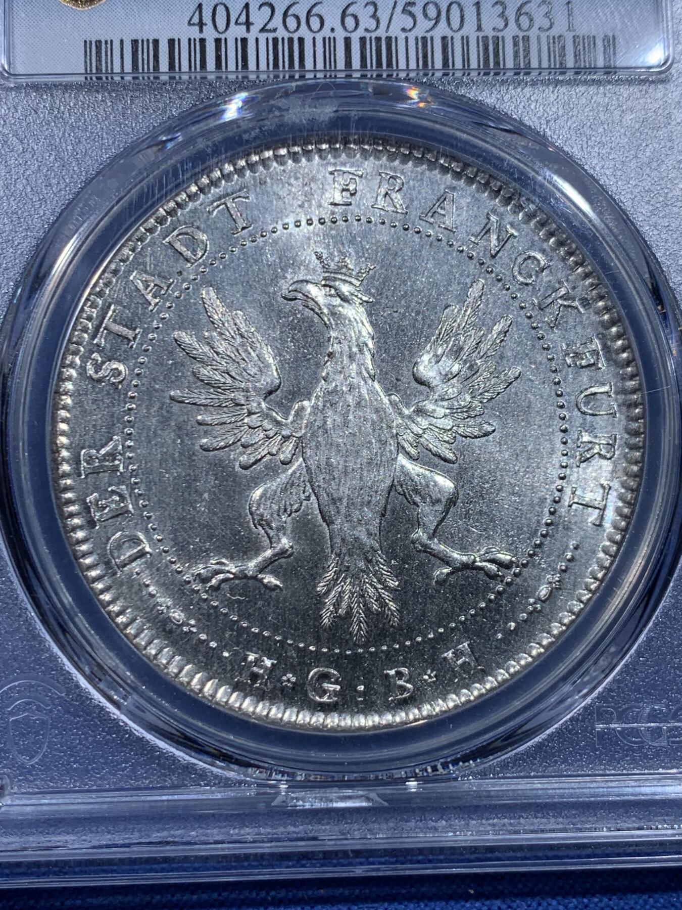 《竞宝斋》第482场 周日，周一 2场连拍 （全场包邮）20级店铺 欢迎送拍 季军分 PCGS MS63 德国 1796 法兰克福 烤鸡泰勒大银币 白净凝霜 十字转光 低评了