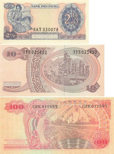 小福收藏拍卖第205期 裸钞场 本期有多张豹子号靓号  大量民国钞 百慕大样钞洋葱冠全套  阿富汗首年份查希尔国王和独立纪念碑 仅发行1000枚亚克力砖封蒙古20000图格里克帝国800周年纪念钞 卢旺达 东加勒比 斯里兰卡等多国精美纸币 印度尼西亚 1968年 2又1/2+10+100卢比 比上一拍品相更好 （1张无47 1张尾8）1组3张 unc