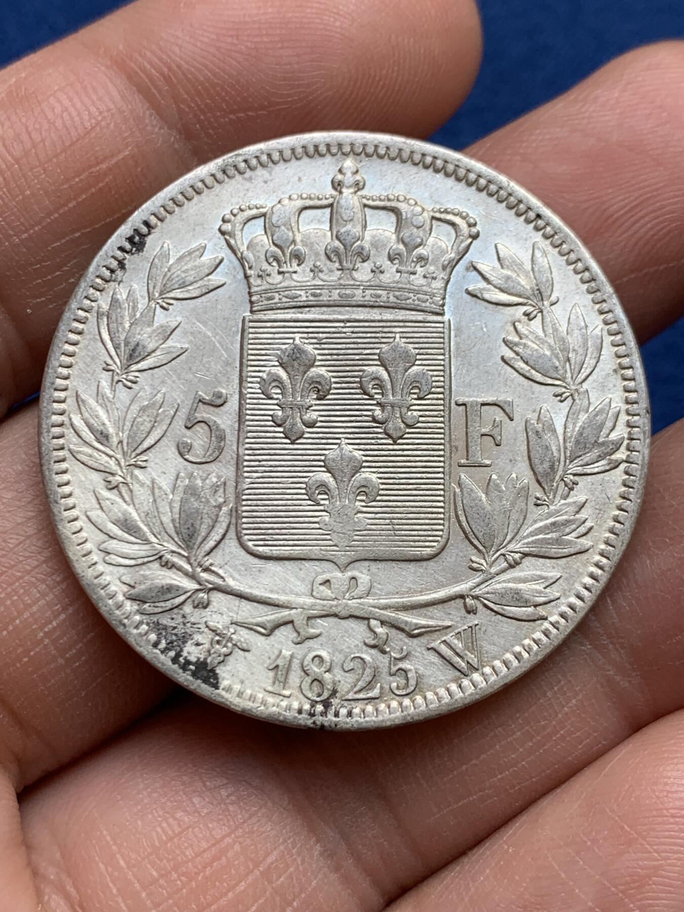 《竞宝斋》第482场 周日，周一 2场连拍 （全场包邮）20级店铺 欢迎送拍 法国1825年W版查理十世5法郎大银币，里尔造币厂