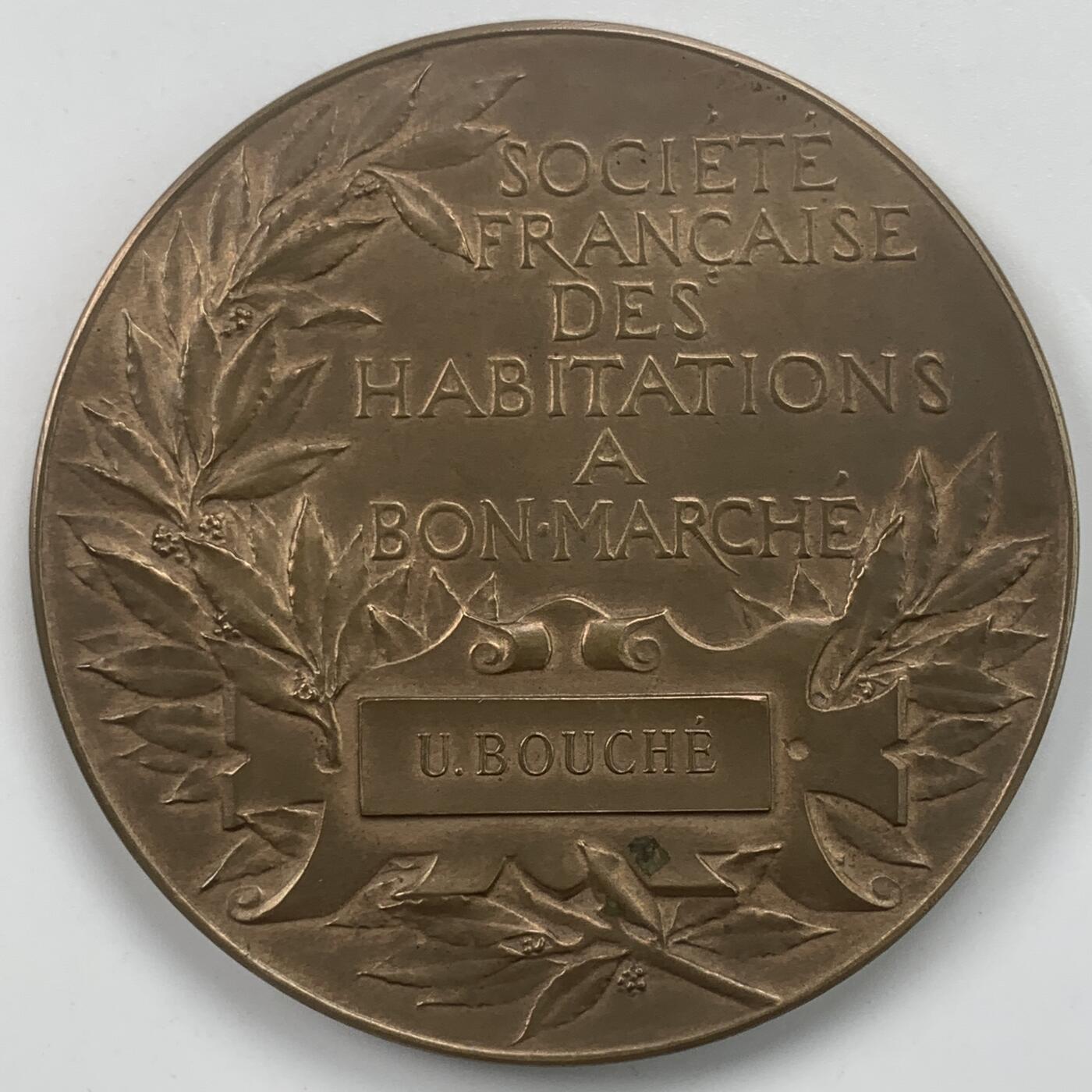 掌中浮雕-藏着的欧洲第059场 1891年法国廉价住宅协会铜章，61mm，chaplain雕刻，原盒。