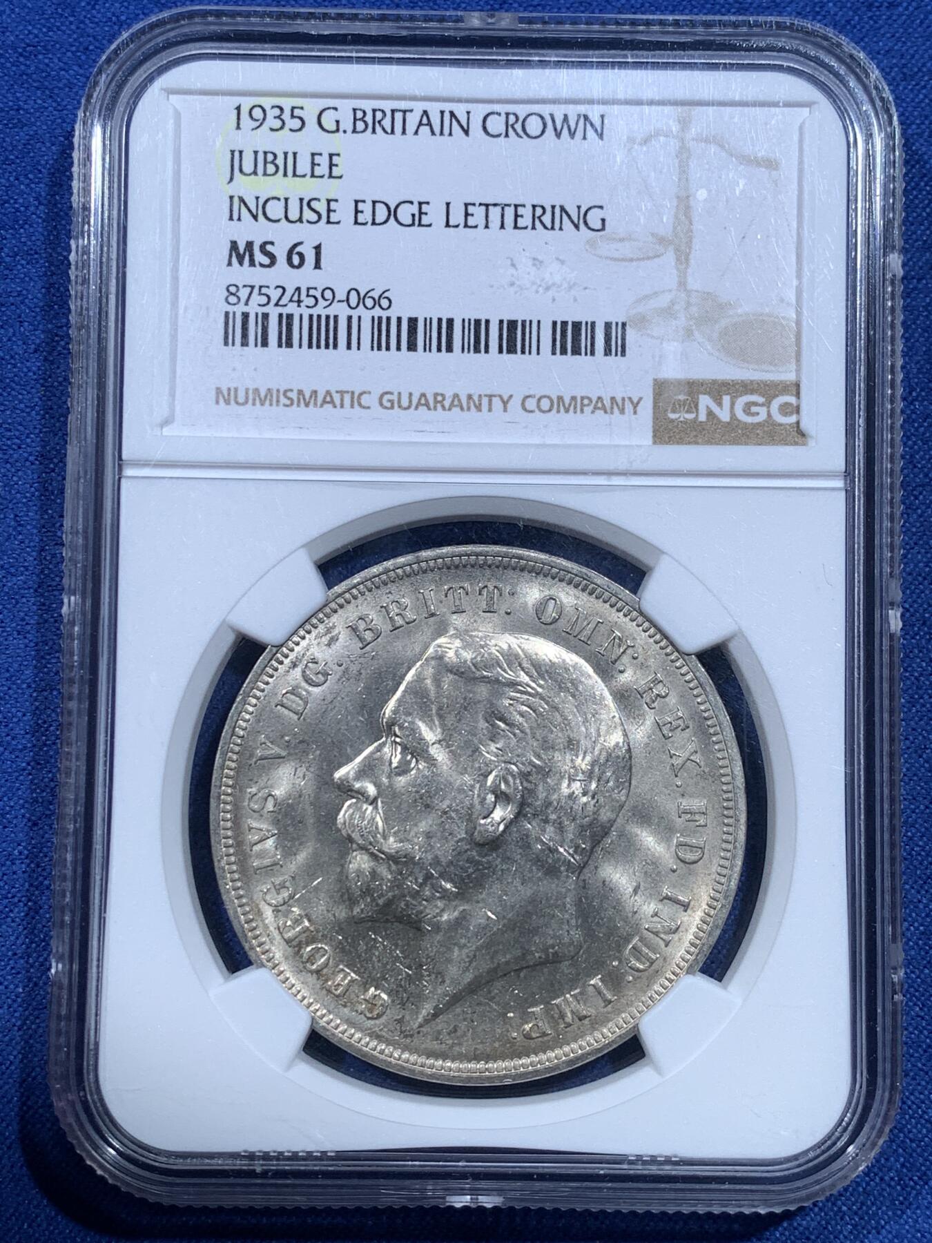 《竞宝斋》第482场 周日，周一 2场连拍 （全场包邮）20级店铺 欢迎送拍 NGC MS61 英国1935年乔治五世木马剑银币，爆霜感，整体状态很好，感觉低评了。