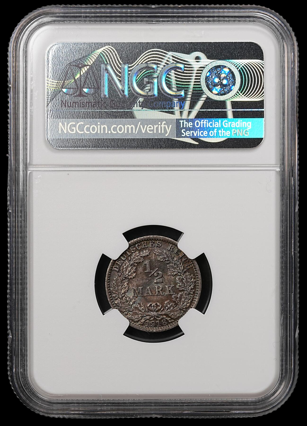 修遠堂世界钱币第112期 NGC MS64  1918年德国1/2马克银币，A厂铭