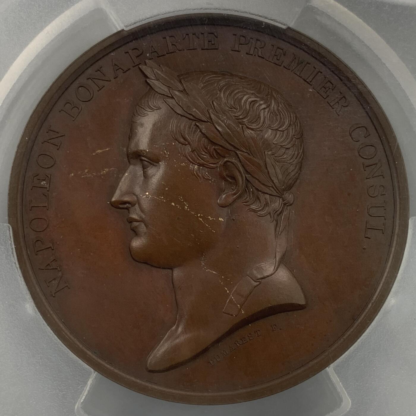 掌中浮雕-藏着的欧洲第059场 PCGS SP63 : 1802年法国拿破仑一世亚眠条约纪念大铜章，49mm