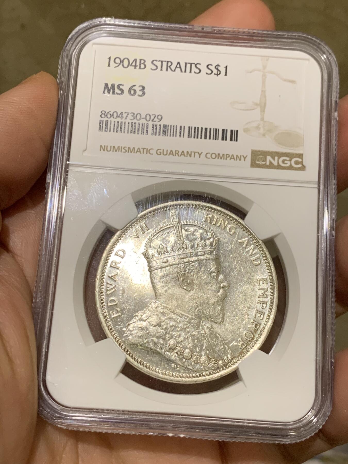 《竞宝斋》第482场 周日，周一 2场连拍 （全场包邮）20级店铺 欢迎送拍 NGC MS63 1904年英属海峡爱德华七世一元大样银币 顶级转光 还未见过如此炫亮的海峡 值得入手