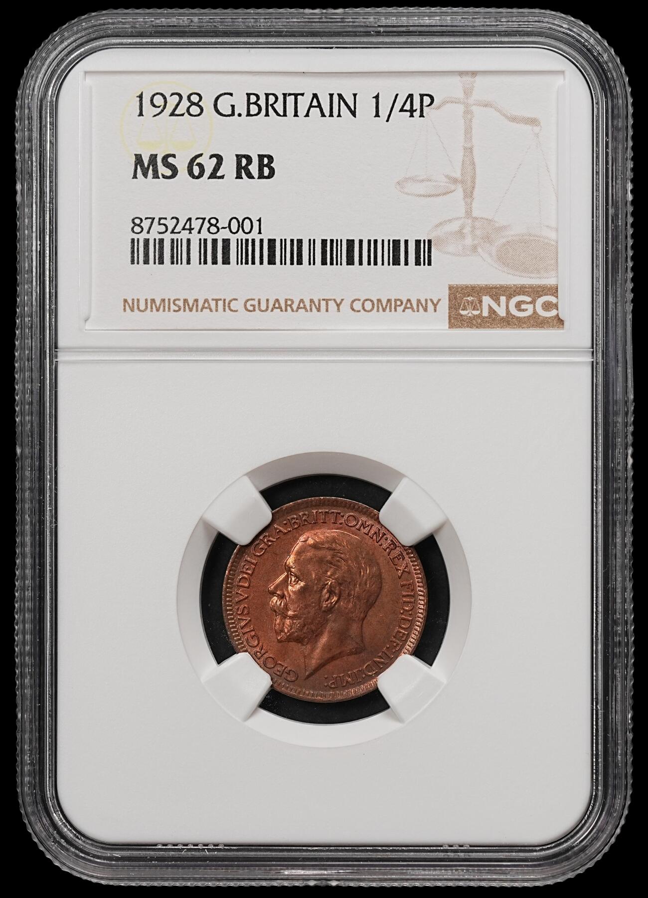 修遠堂世界钱币第112期 NGC MS62RB  1928年英国1法新铜币