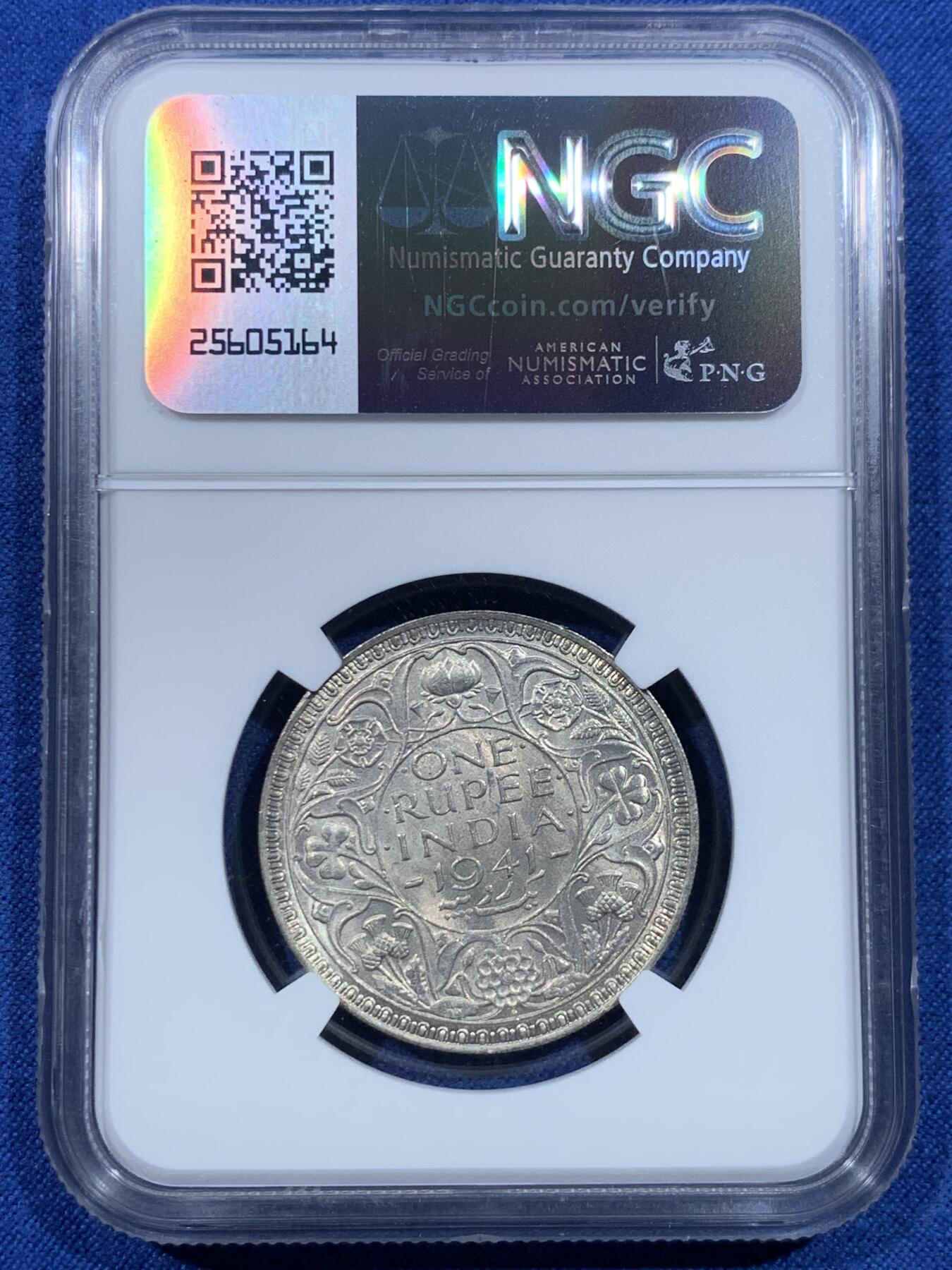 《竞宝斋》第482场 周日，周一 2场连拍 （全场包邮）20级店铺 欢迎送拍 NGC MS63 英属印度1941年乔治六世1卢比银币 好状态 虽然是常见品种 但能上63分挺不容易