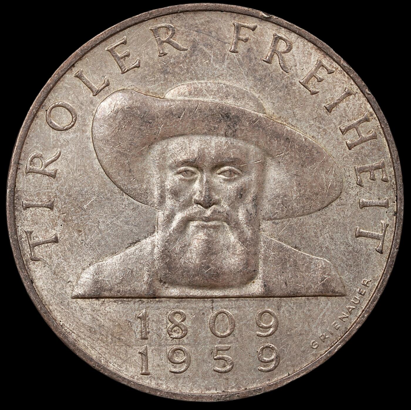 修遠堂世界钱币第112期 1959年奥地利-蒂罗尔自由运动 150 周年 50 先令银币，20g，含银90%