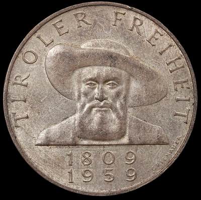 修遠堂世界钱币第112期 - 1959年奥地利-蒂罗尔自由运动 150 周年 50 先令银币，20g，含银90%