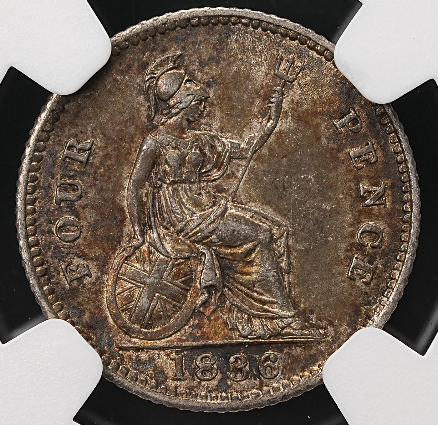 修遠堂世界钱币第112期 NGC AU55 1836年英国4便士银币，酱彩