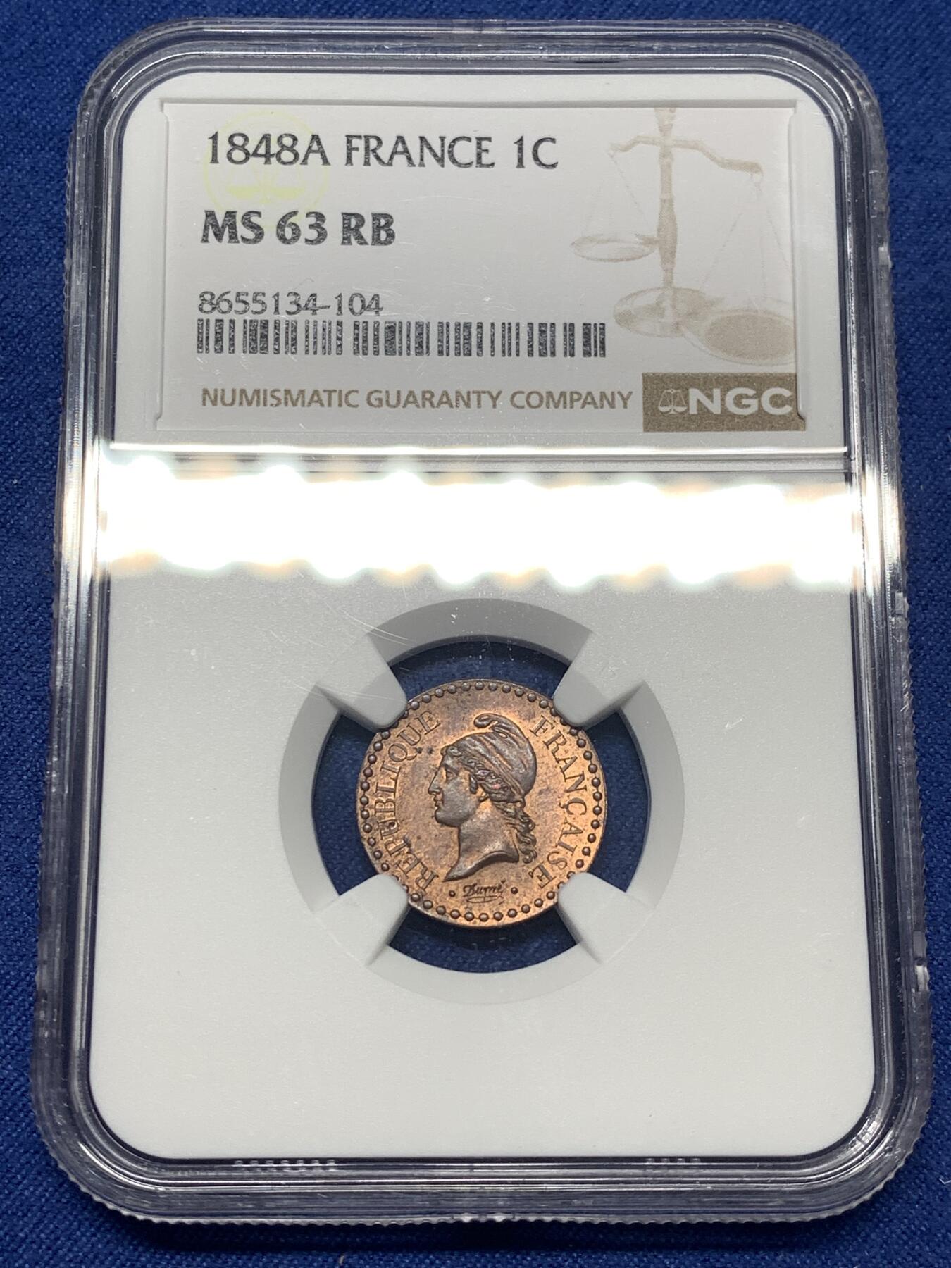 《竞宝斋》第482场 周日，周一 2场连拍 （全场包邮）20级店铺 欢迎送拍 NGC MS63RB 法国 1848A 1分铜币