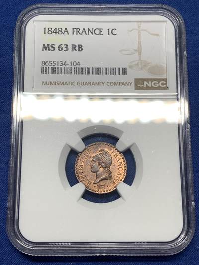 《竞宝斋》第482场 周日，周一 2场连拍 （全场包邮）20级店铺 欢迎送拍 - NGC MS63RB 法国 1848A 1分铜币