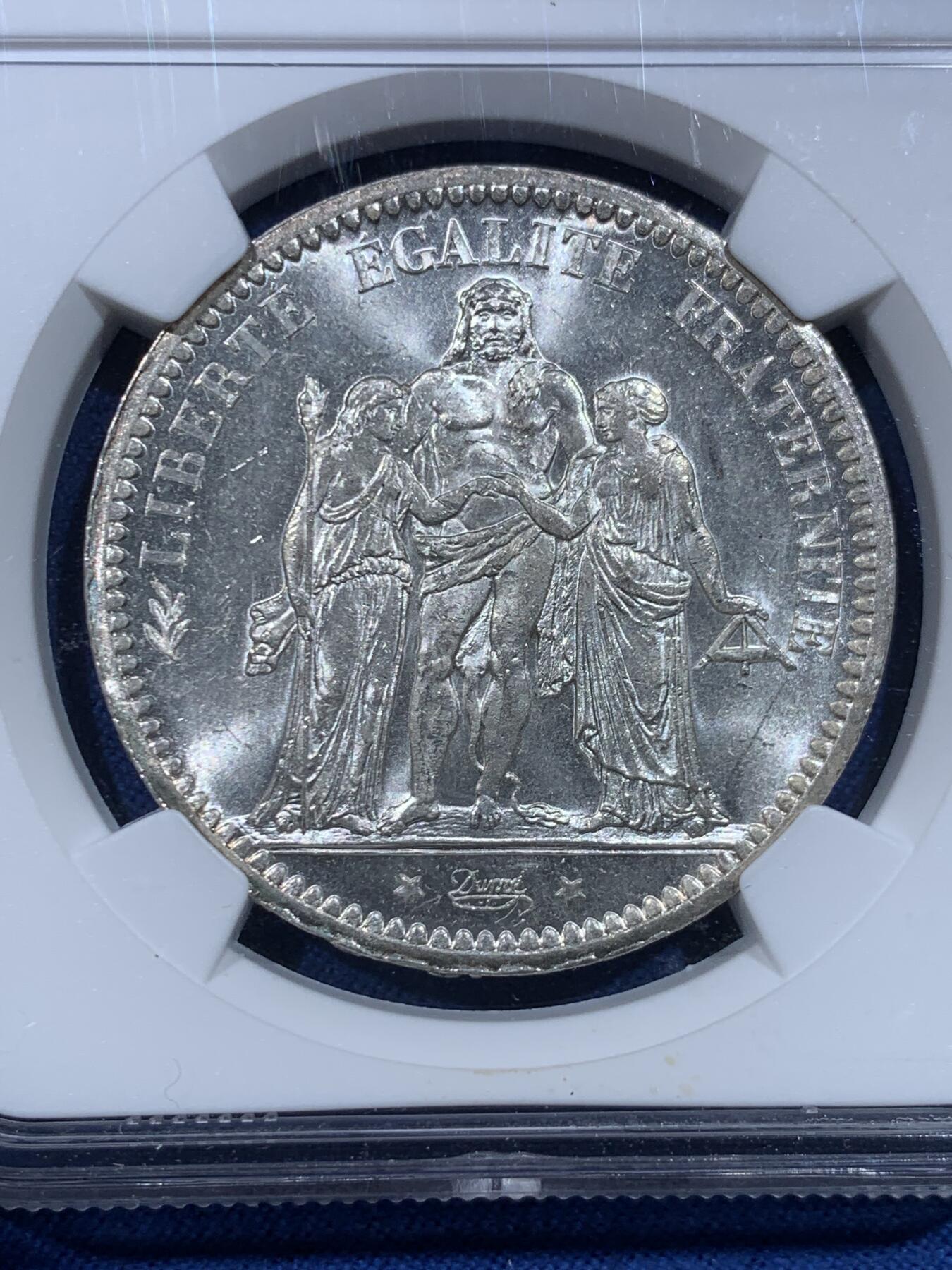 《竞宝斋》第482场 周日，周一 2场连拍 （全场包邮）20级店铺 欢迎送拍 NGC MS64 法国 法兰西第三共和国1873A大力神5法郎银币 好品好质感 分数也不错