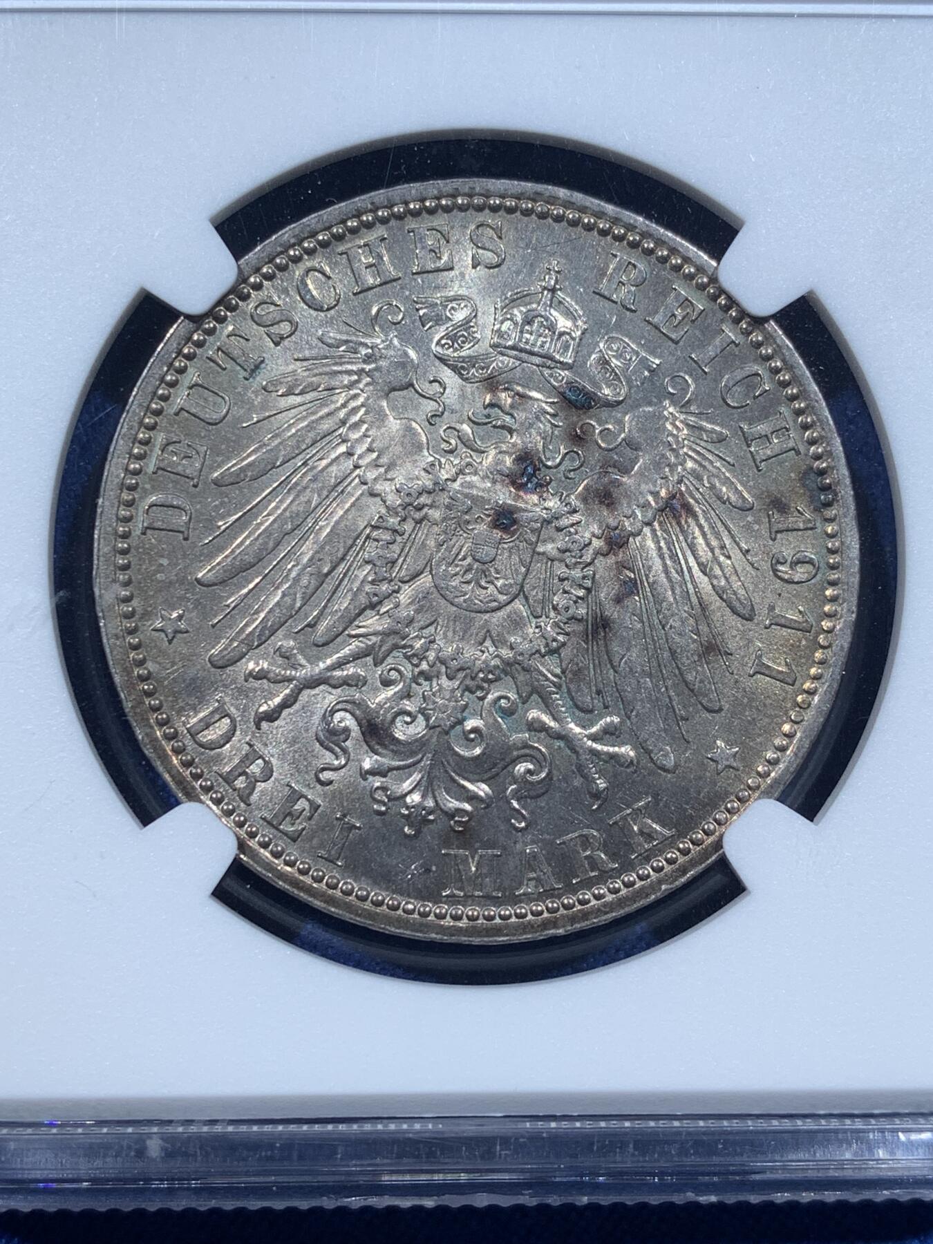 《竞宝斋》第482场 周日，周一 2场连拍 （全场包邮）20级店铺 欢迎送拍 NGC MS62 德国 1911D 巴伐利亚摄政王 柳特波德 90大寿 3马克银币