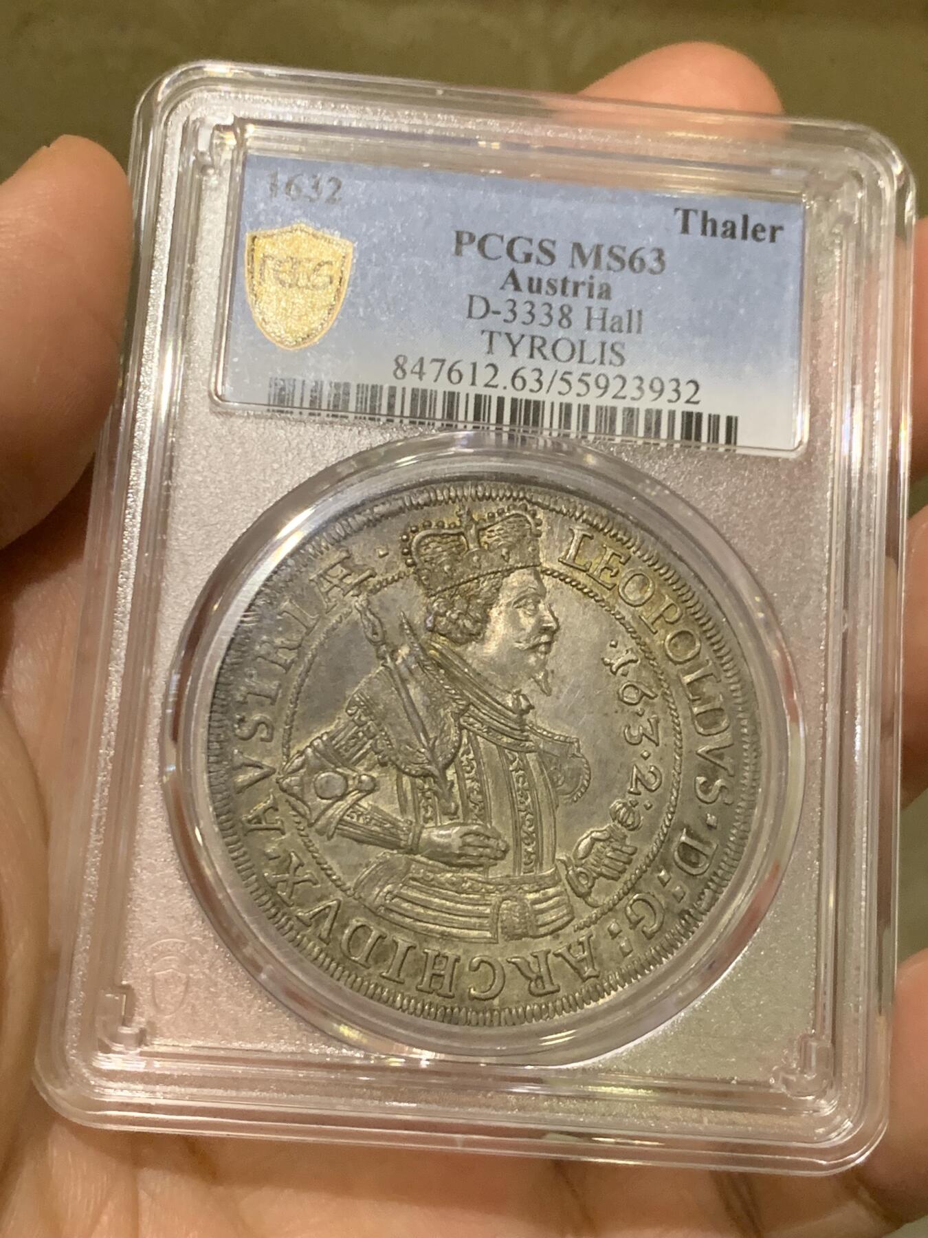 《竞宝斋》第482场 周日，周一 2场连拍 （全场包邮）20级店铺 欢迎送拍 PCGS MS63 神圣罗马 1632蒂罗尔大公利奧波德五世戎装像泰勒 TYROLIS 少见版本 难得全深打 深五彩收藏级 联合泰勒已经起飞 神罗是个不错的选择