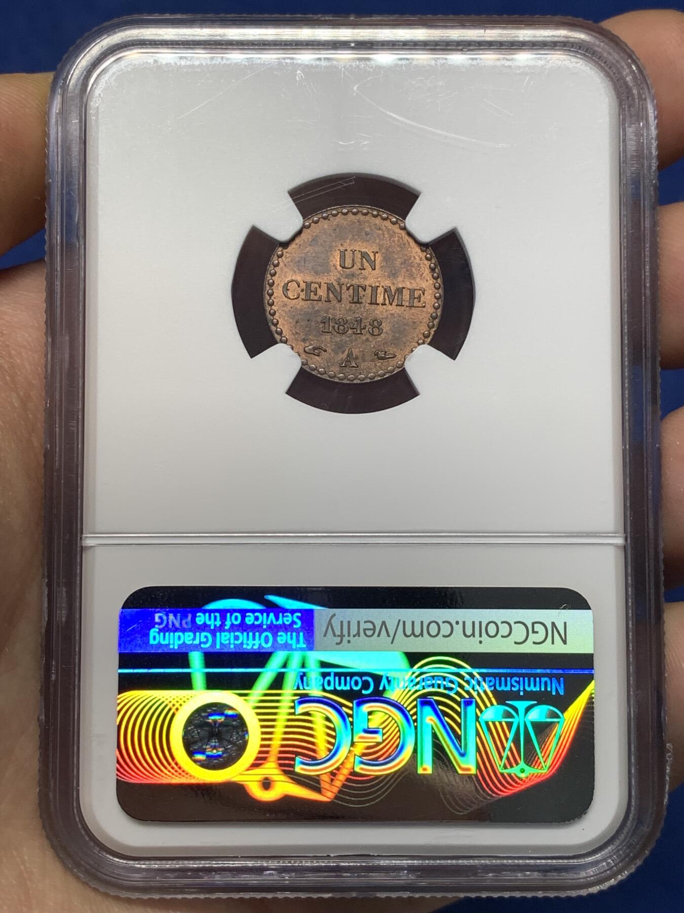 《竞宝斋》第482场 周日，周一 2场连拍 （全场包邮）20级店铺 欢迎送拍 NGC MS63RB 法国 1848A 1分铜币