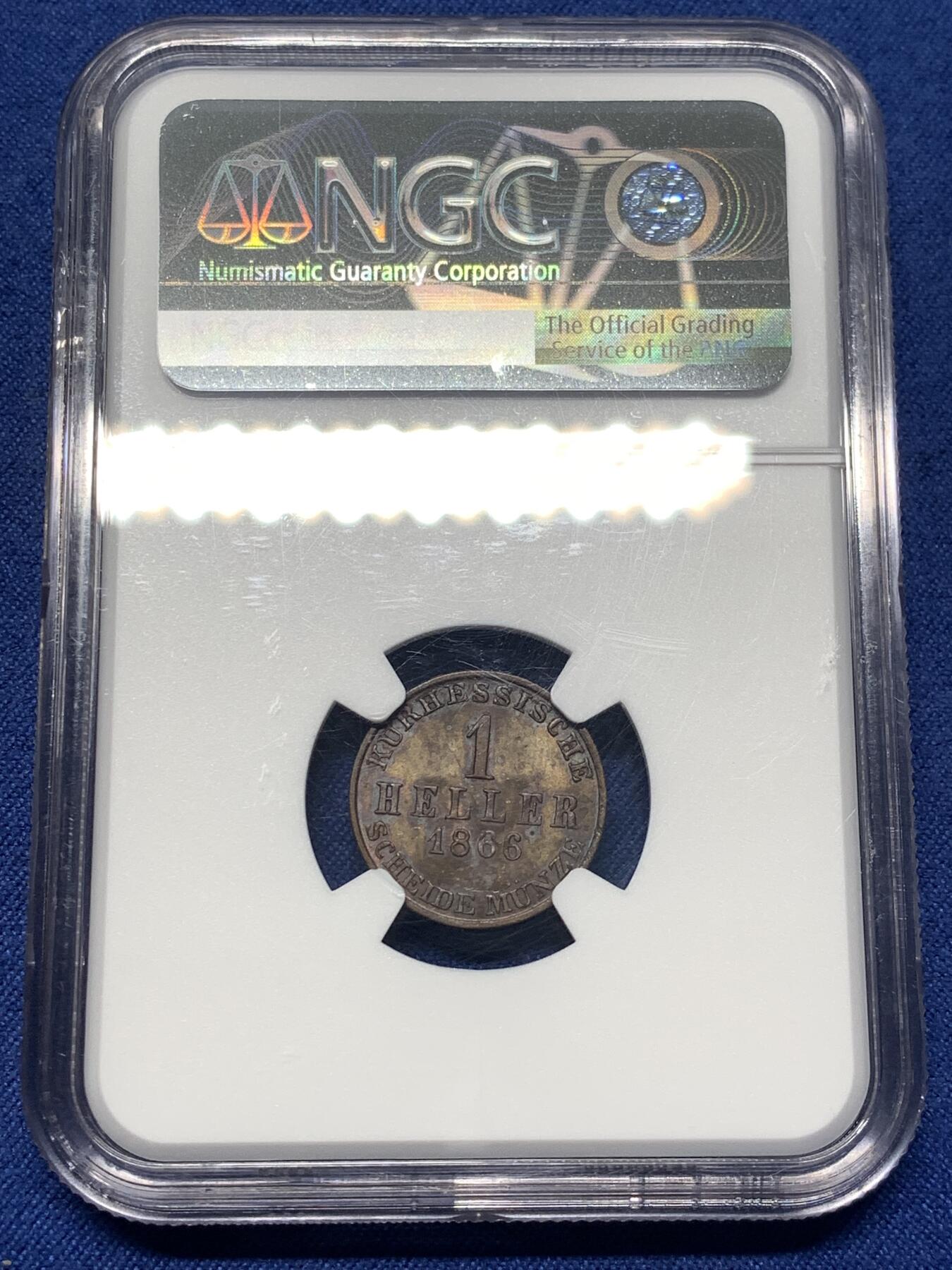 《竞宝斋》第482场 周日，周一 2场连拍 （全场包邮）20级店铺 欢迎送拍 唯一冠军分 NGC MS63+BN 德国1866年黑森卡塞尔邦1赫勒铜币 