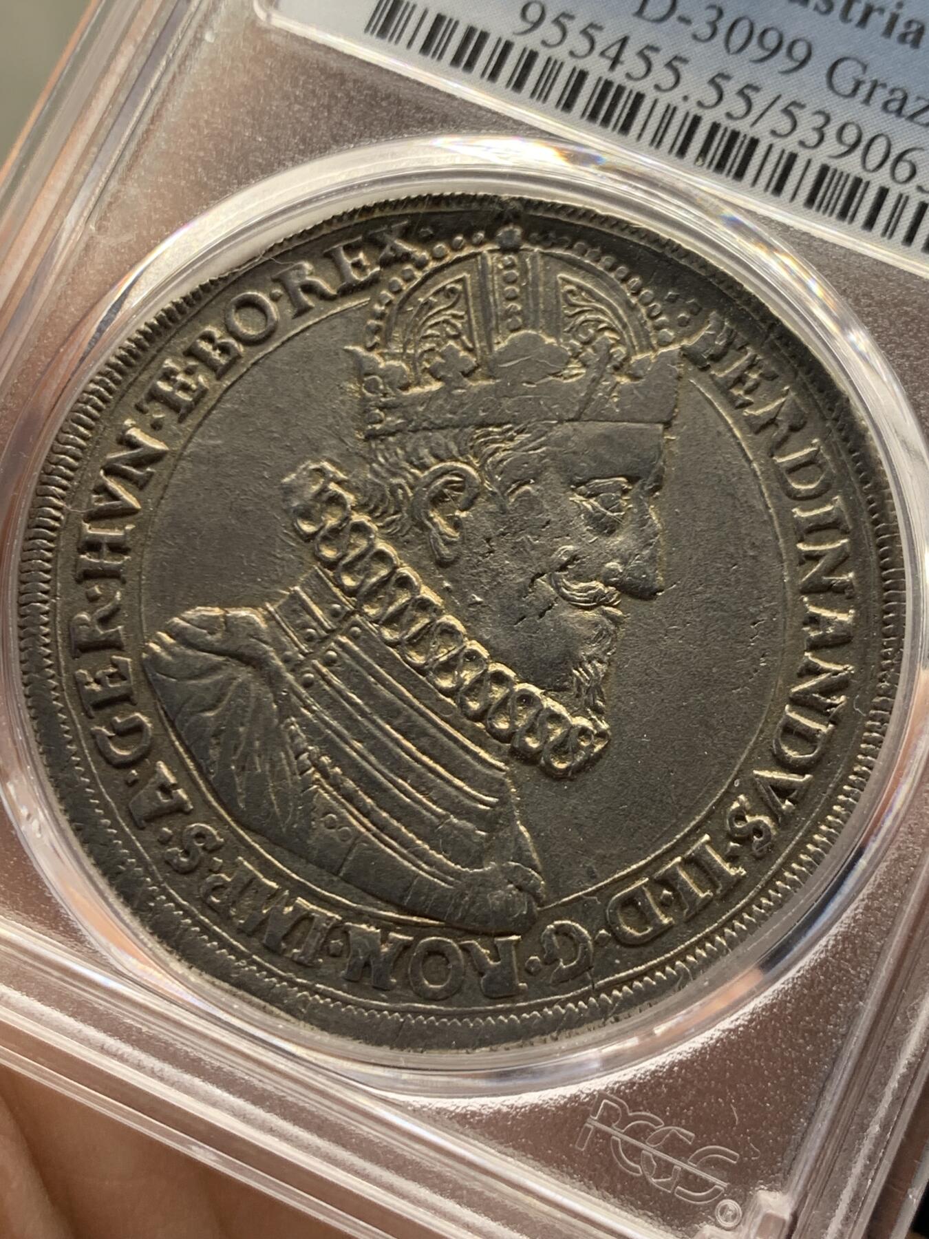 《竞宝斋》第482场 周日，周一 2场连拍 （全场包邮）20级店铺 欢迎送拍 亚军分 PCGS AU55 奥地利帝国 1620年 斐迪南二世 泰勒大银币 格拉茨造币厂 独年发行 少见皇冠头像 双面深打 更高分仅1枚 17世纪好品不易