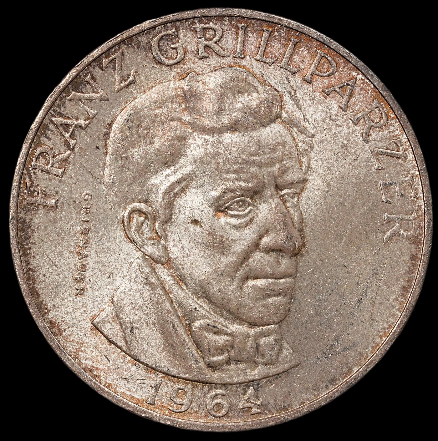 修遠堂世界钱币第112期 1964 年奥地利-剧作家、诗人 弗朗茨・格里尔帕策诞辰 170 周年纪念币，13g，含银80%