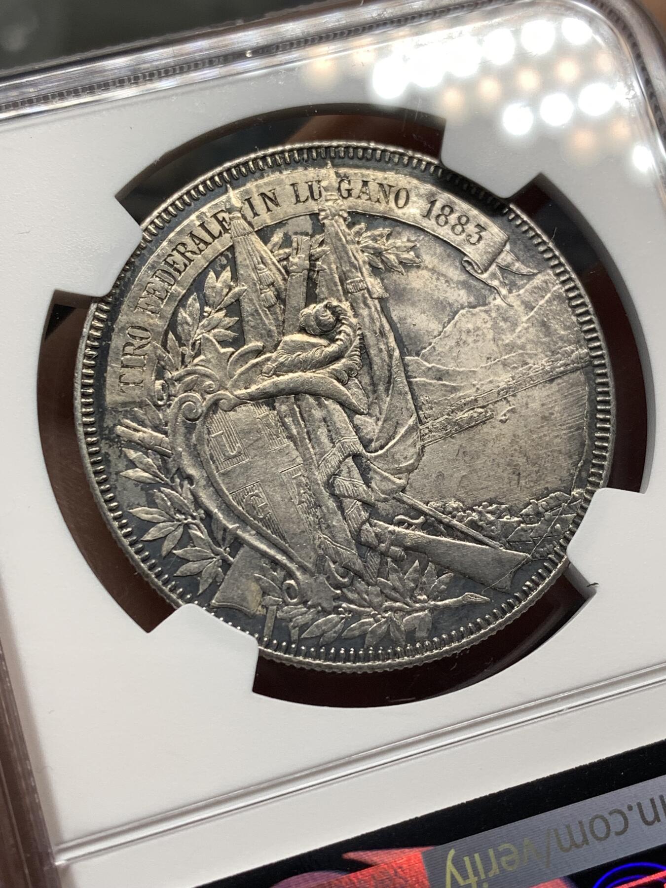 《竞宝斋》第482场 周日，周一 2场连拍 （全场包邮）20级店铺 欢迎送拍 NGC UNCD 瑞士1883年卢加诺射击节5法郎银币 好品