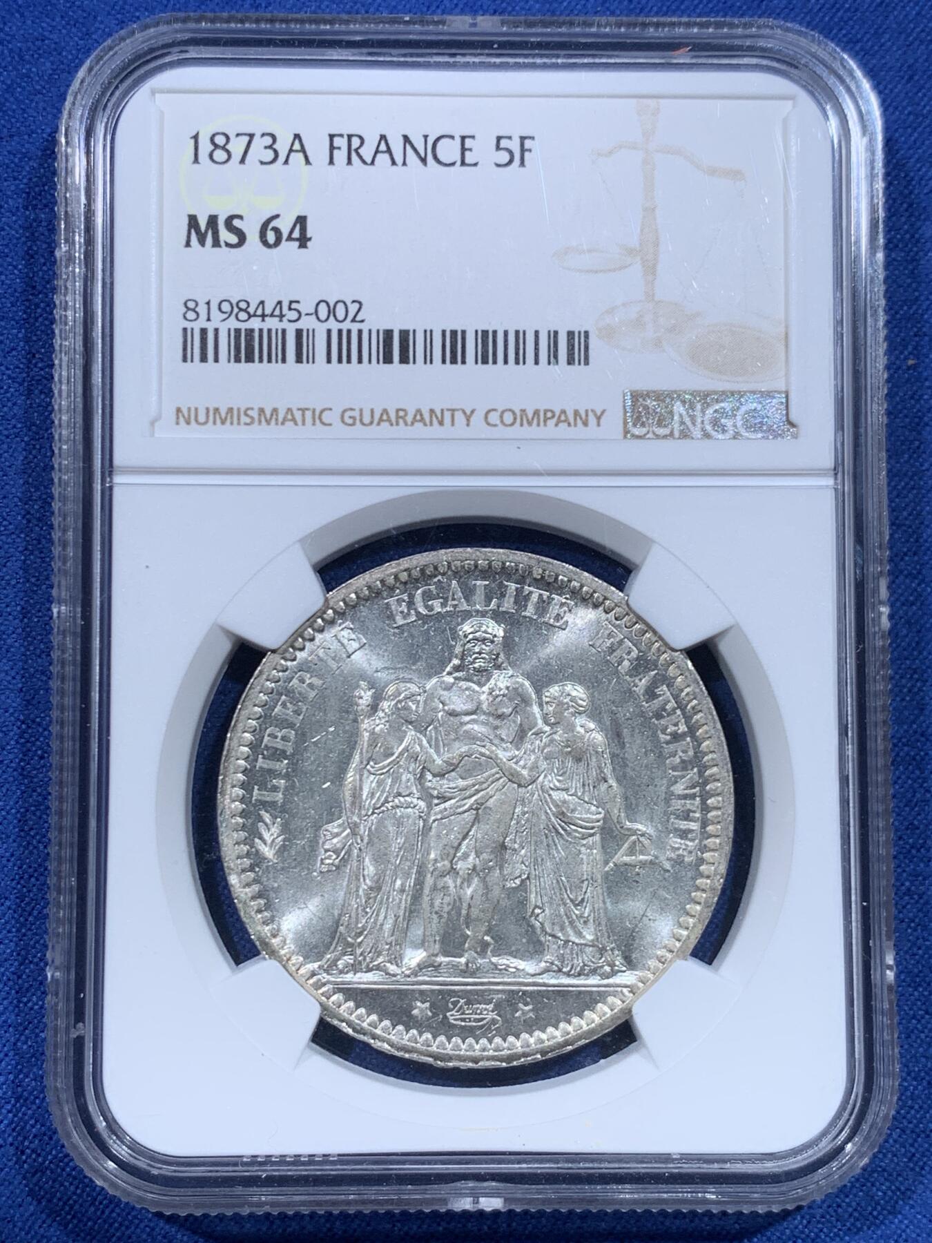 《竞宝斋》第482场 周日，周一 2场连拍 （全场包邮）20级店铺 欢迎送拍 NGC MS64 法国 法兰西第三共和国1873A大力神5法郎银币 好品好质感 分数也不错