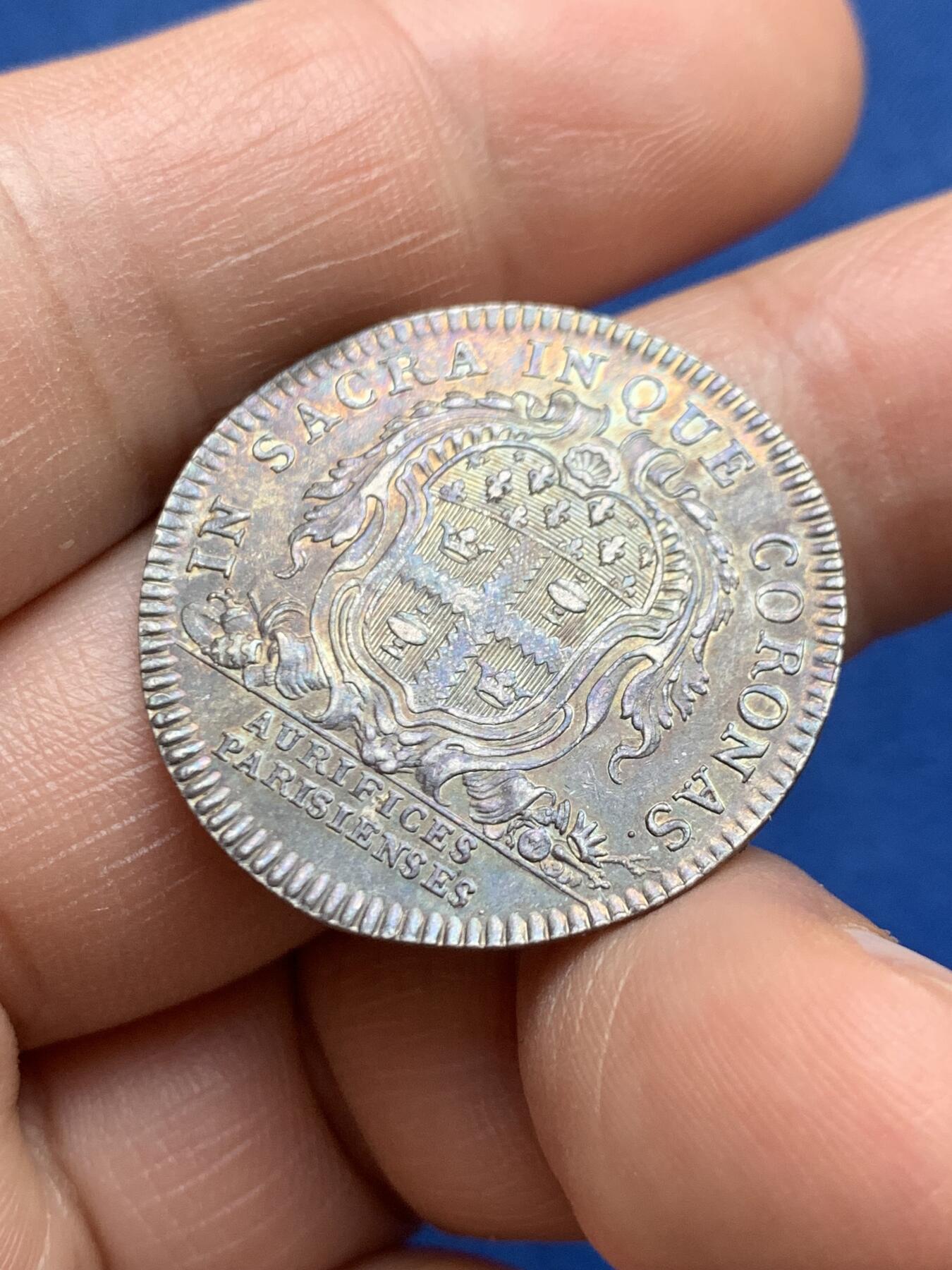 《竞宝斋》第482场 周日，周一 2场连拍 （全场包邮）20级店铺 欢迎送拍 法国路易十五头像金匠商人银质代币，7.25g，28.1mm