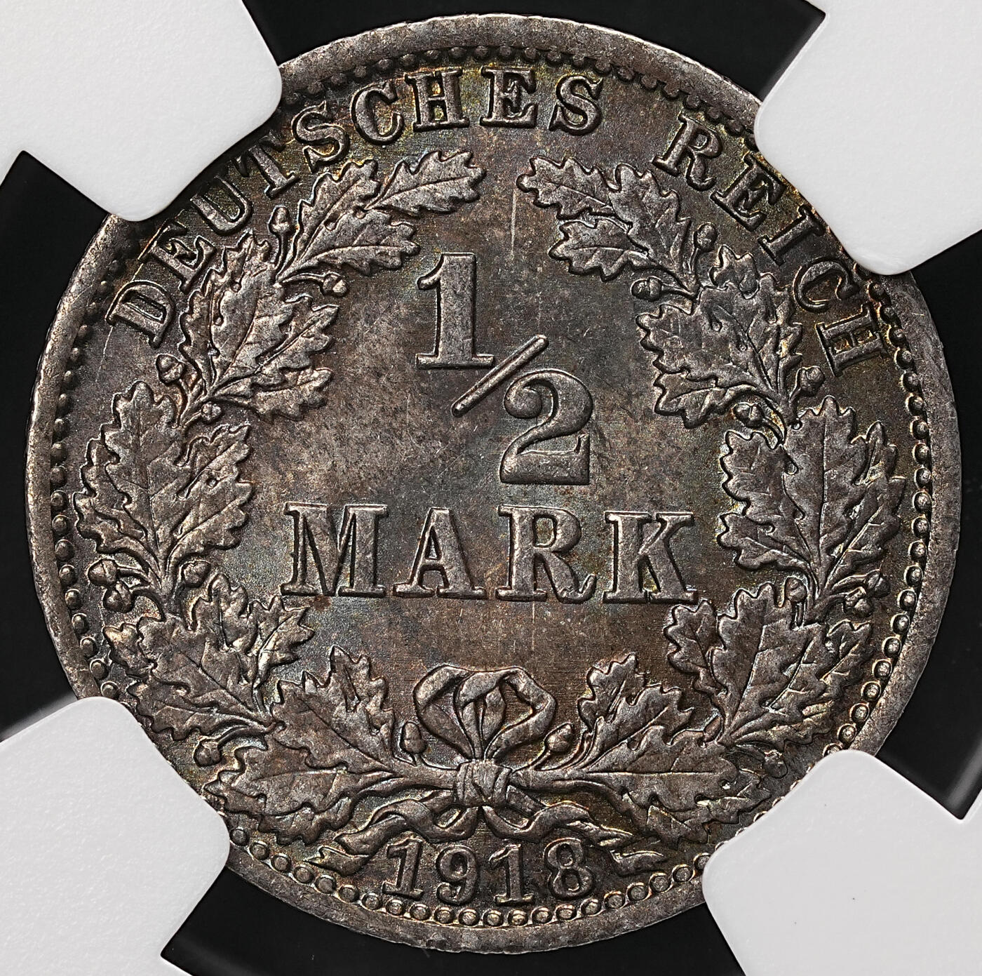 修遠堂世界钱币第112期 NGC MS64  1918年德国1/2马克银币，A厂铭