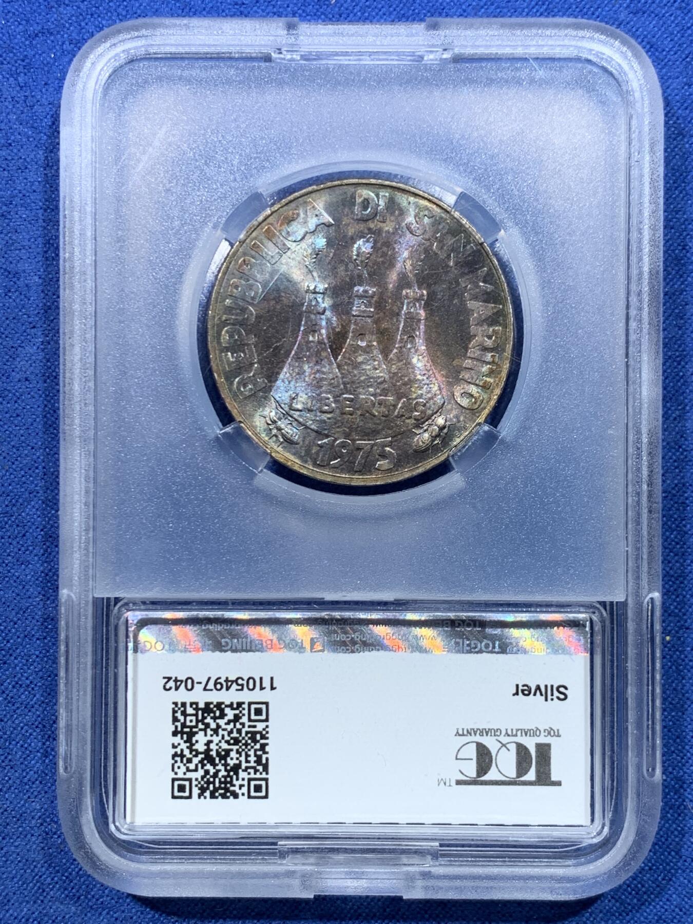 《竞宝斋》第482场 周日，周一 2场连拍 （全场包邮）20级店铺 欢迎送拍 TQG MS61 圣马力诺1975年500里拉银币，飞鸟主题，经典老银币，历史感拉满，欧洲袖珍国少见品种，收藏级品相