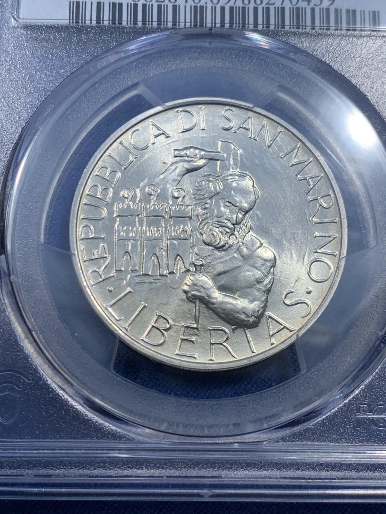 《竞宝斋》第482场 周日，周一 2场连拍 （全场包邮）20级店铺 欢迎送拍 PCGS MS69 圣马力诺1994年1000里拉银币，圣马力诺共和国主题，守护圣人图案，近满分极美品，顶级收藏状态，欧洲袖珍国精品