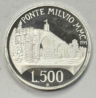 S&S Numismatic世界钱币-拍卖 第126期  获奖币*意大利1991年 罗马米尔维奥桥2100周年 500里拉精制纪念银币 15克835银  品相如图，裸币