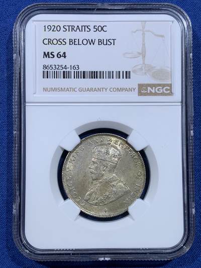 《竞宝斋》第482场 周日，周一 2场连拍 （全场包邮）20级店铺 欢迎送拍 - NGC MS64 英属海峡1920年乔五50分银币 正面覆盖黄油包浆，背面BU状态，难得的分数
