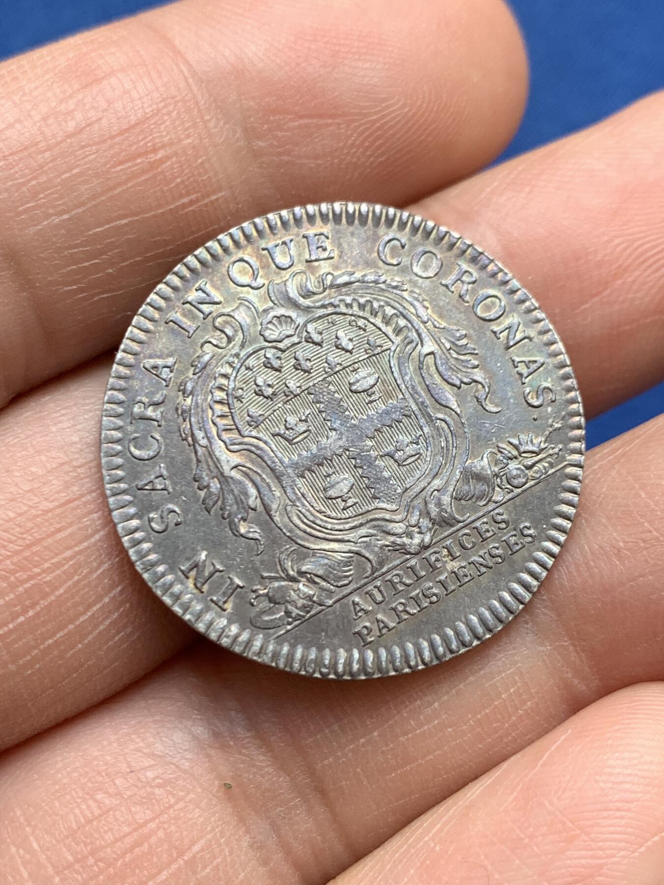 《竞宝斋》第482场 周日，周一 2场连拍 （全场包邮）20级店铺 欢迎送拍 法国路易十五头像金匠商人银质代币，7.25g，28.1mm