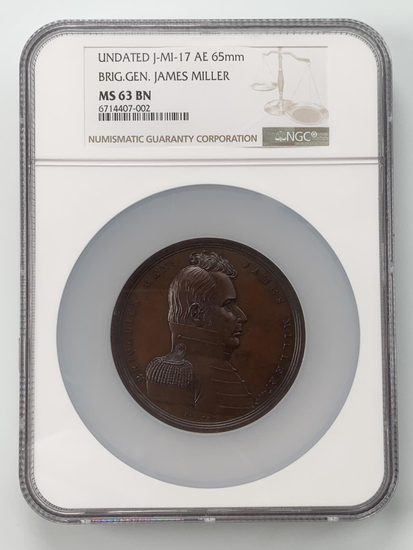 掌中浮雕-藏着的欧洲第059场 NGC MS63 ：1814年美国詹姆斯米勒准将铜章，65mm，原铸，稀少