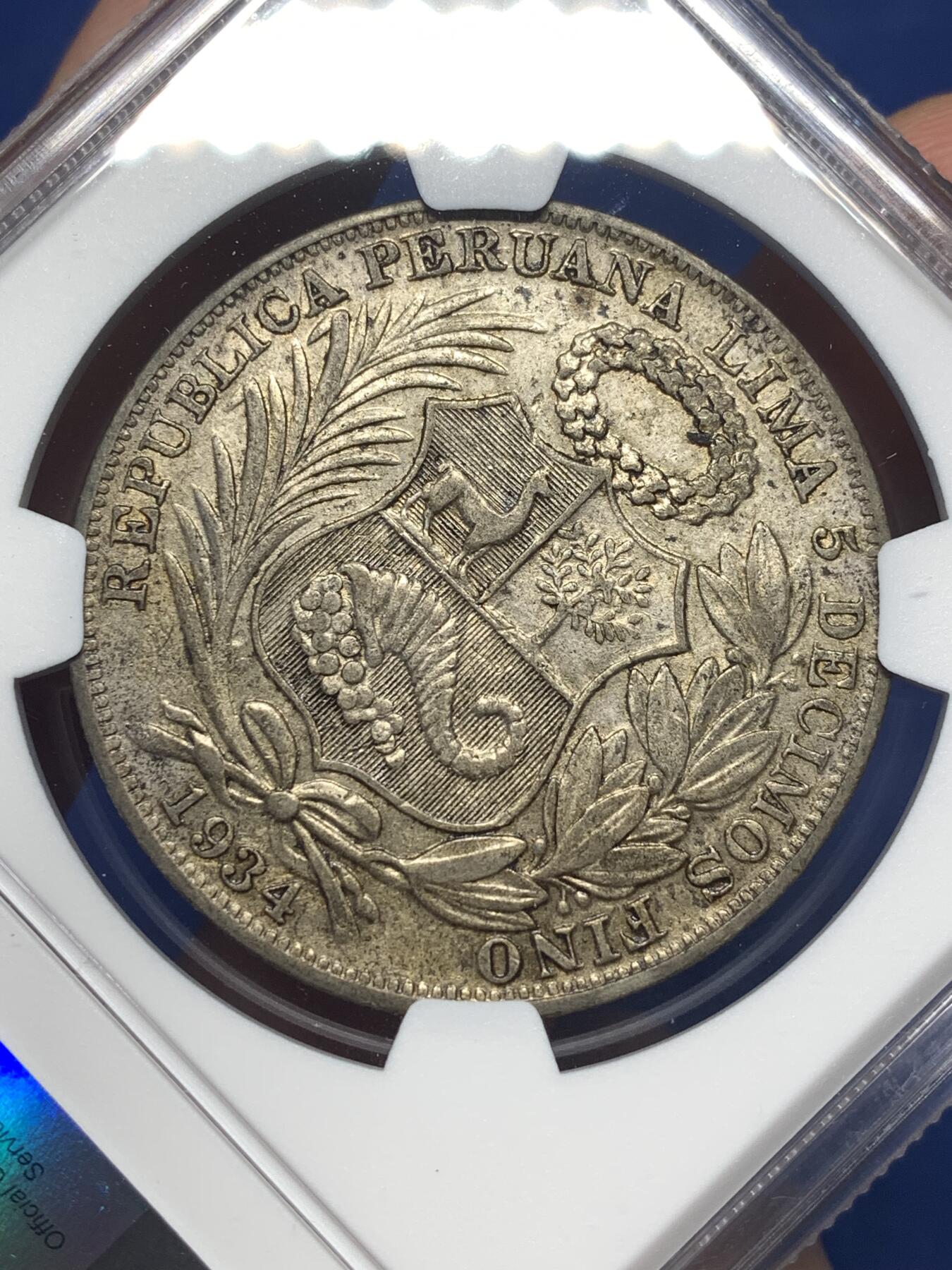 《竞宝斋》第482场 周日，周一 2场连拍 （全场包邮）20级店铺 欢迎送拍 NGC AU50 秘鲁1934年坐人女神1索尔银币