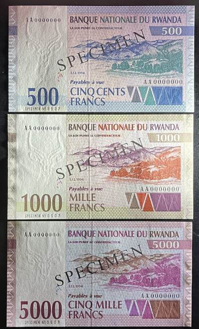 小福收藏拍卖第205期 裸钞场 本期有多张豹子号靓号  大量民国钞 百慕大样钞洋葱冠全套  阿富汗首年份查希尔国王和独立纪念碑 仅发行1000枚亚克力砖封蒙古20000图格里克帝国800周年纪念钞 卢旺达 东加勒比 斯里兰卡等多国精美纸币 卢旺达 1994年 500 1000 5000法郎 样钞 卢旺达大屠杀年份 AA冠 全同号0507 1组3张 unc