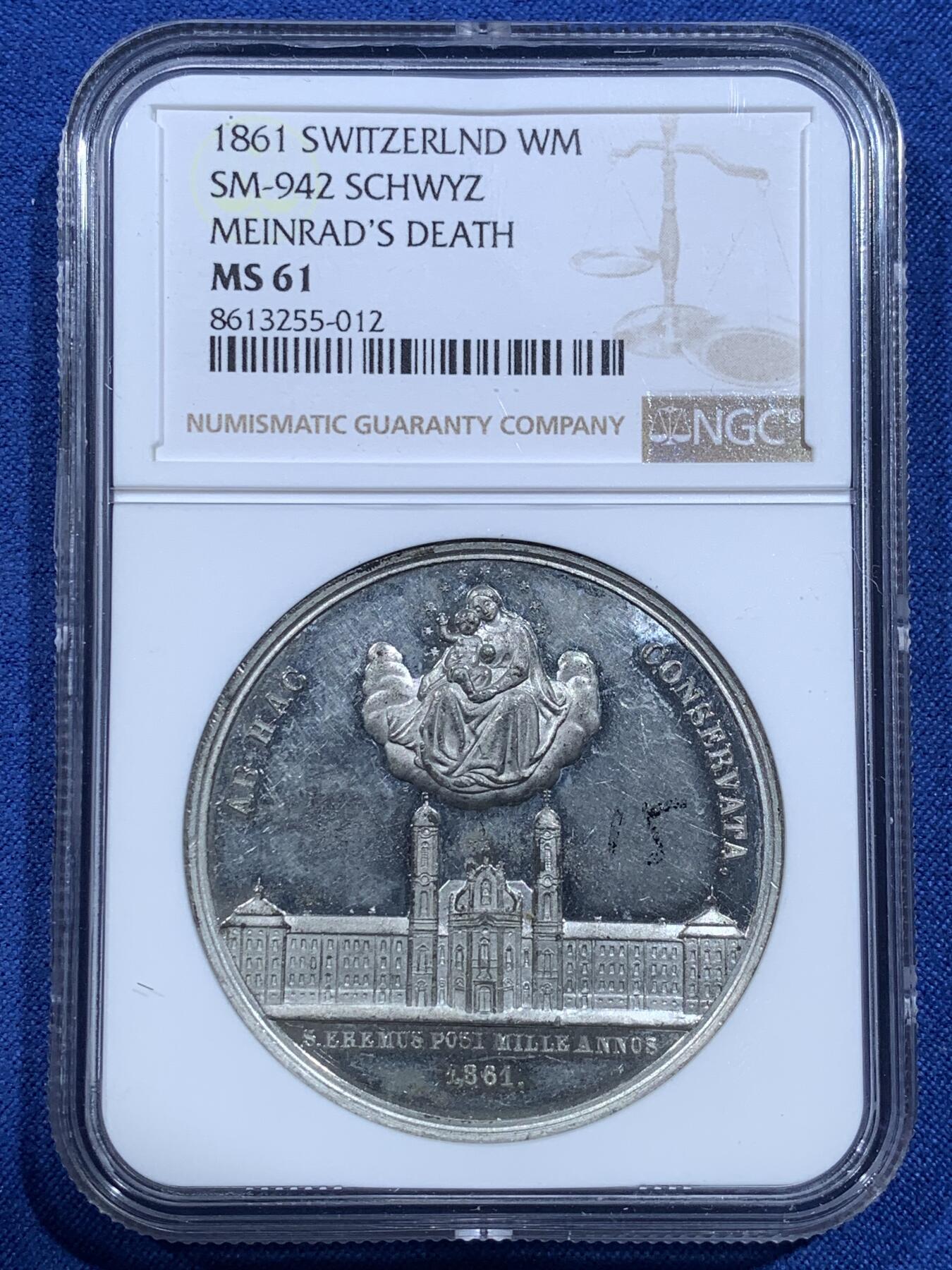 《竞宝斋》第482场 周日，周一 2场连拍 （全场包邮）20级店铺 欢迎送拍 NGC MS61 瑞士1861年亨利四世修道院建成1000周年纪念章，WM材质，双面高浮雕深打，PL底板，修道院景观丝丝入扣，状态非常好。