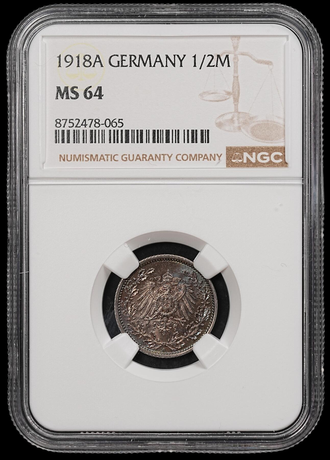 修遠堂世界钱币第112期 NGC MS64  1918年德国1/2马克银币，A厂铭