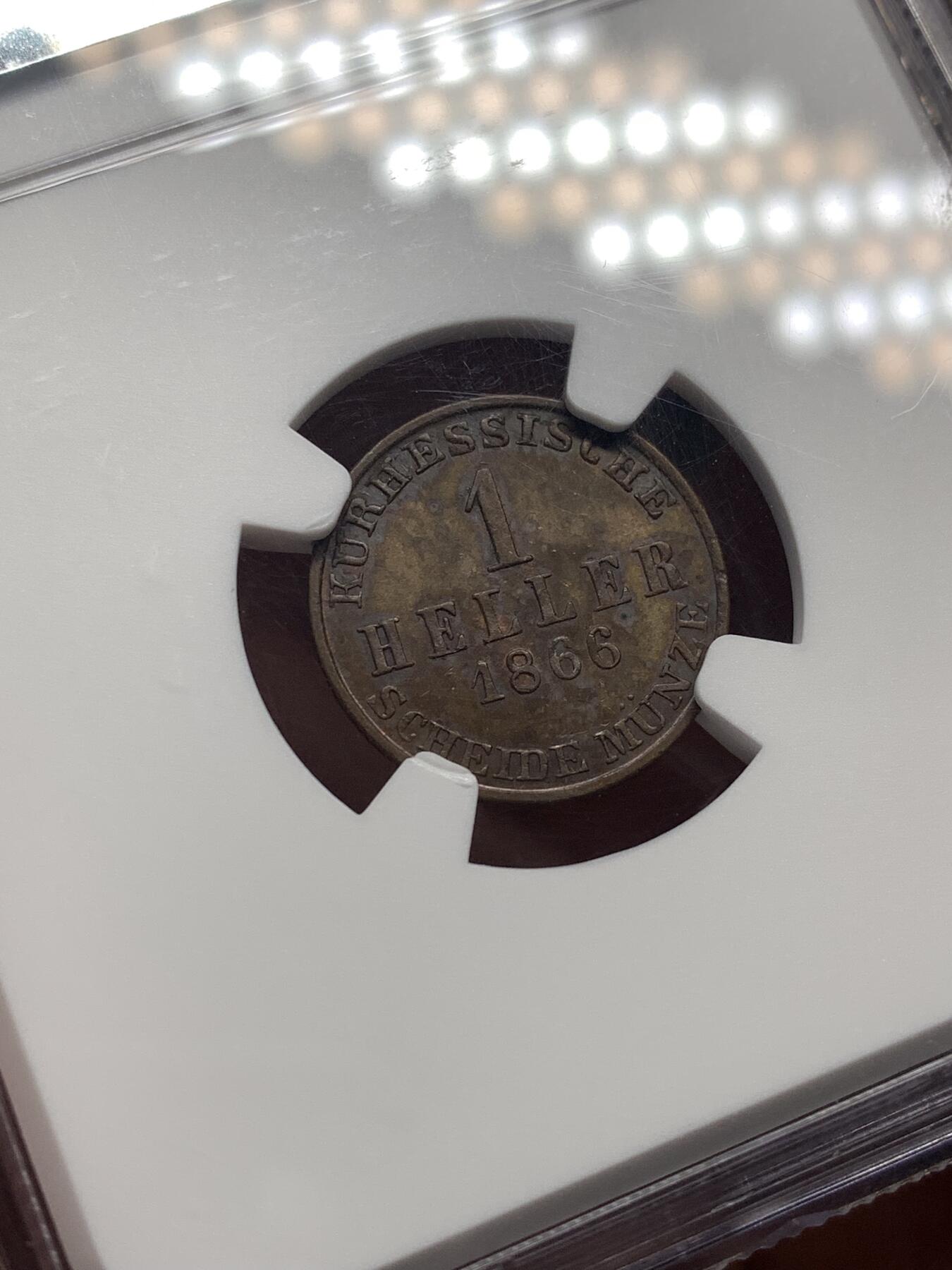 《竞宝斋》第482场 周日，周一 2场连拍 （全场包邮）20级店铺 欢迎送拍 唯一冠军分 NGC MS63+BN 德国1866年黑森卡塞尔邦1赫勒铜币 