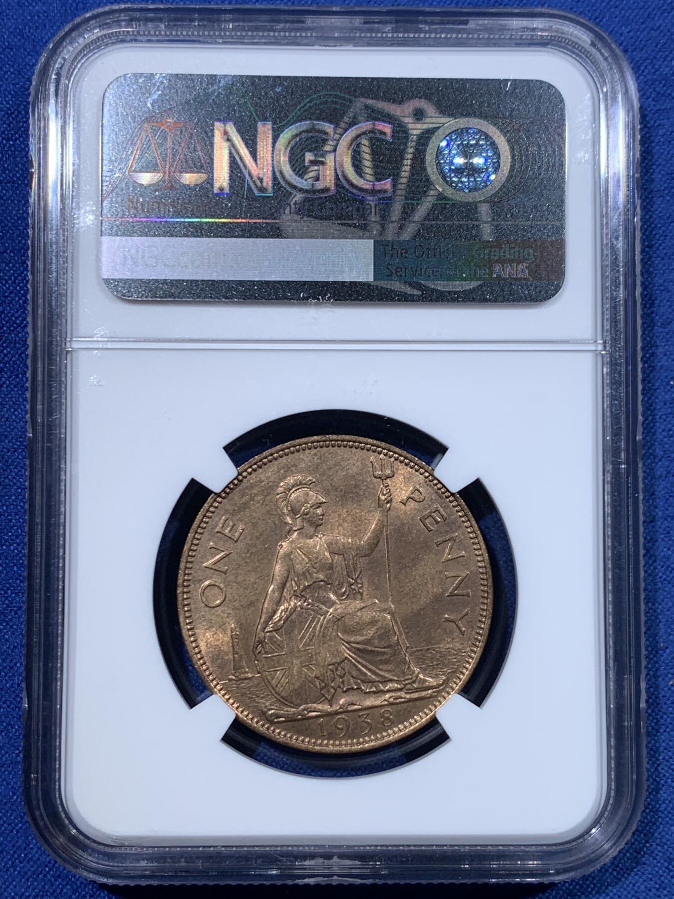 《竞宝斋》第482场 周日，周一 2场连拍 （全场包邮）20级店铺 欢迎送拍 NGC MS64RB 英国1938年乔六1便士铜币 状态观感都非常好的一枚