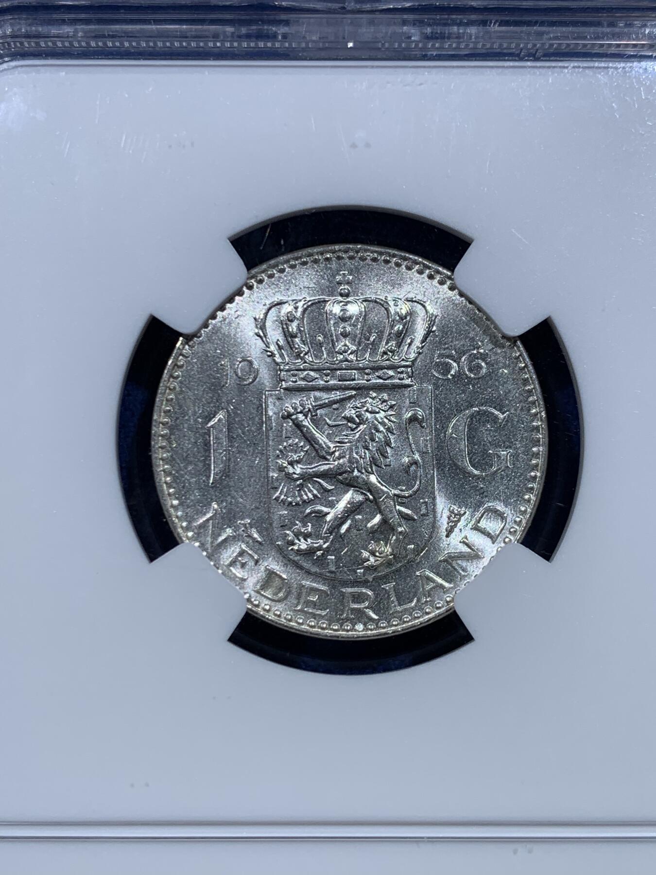 《竞宝斋》第482场 周日，周一 2场连拍 （全场包邮）20级店铺 欢迎送拍 NGC MS61 荷兰1956年1盾银币，50年代好品比60年代的少多了